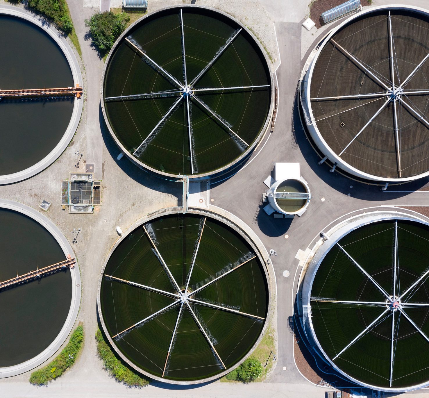 Overhead view of wastewater clarifiers